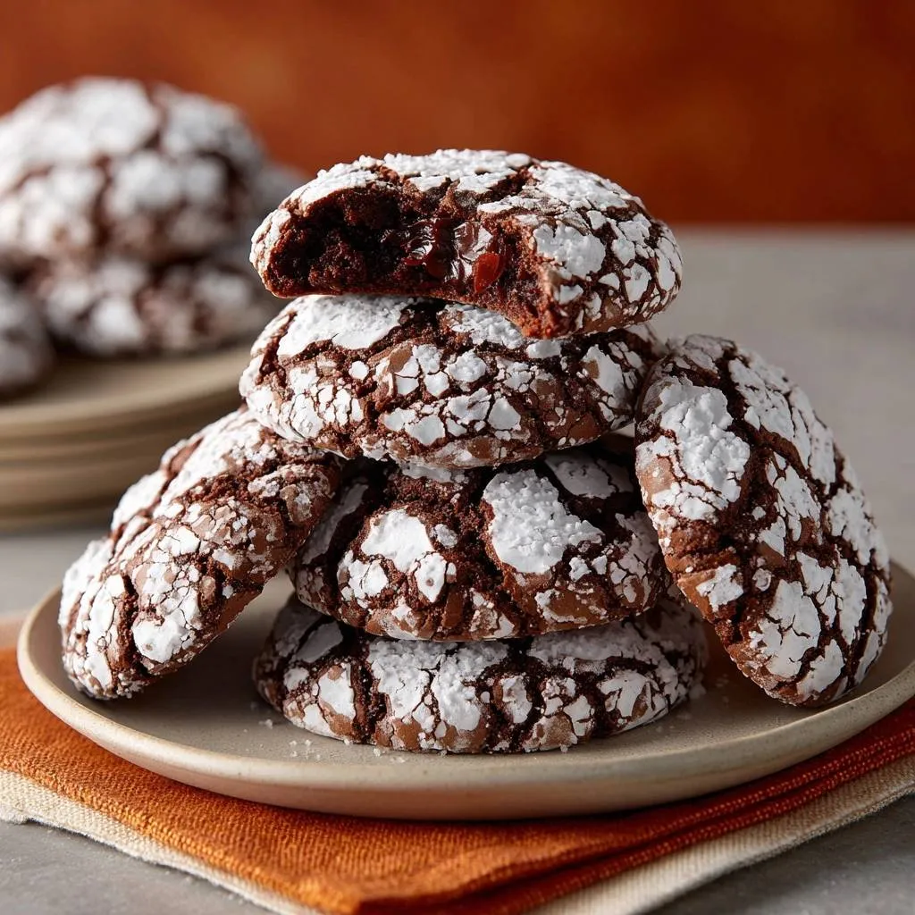 Fudgy chocolate cherry crinkle cookies recipe shown in a stack with one cookie broken open to reveal the fudgy interior.