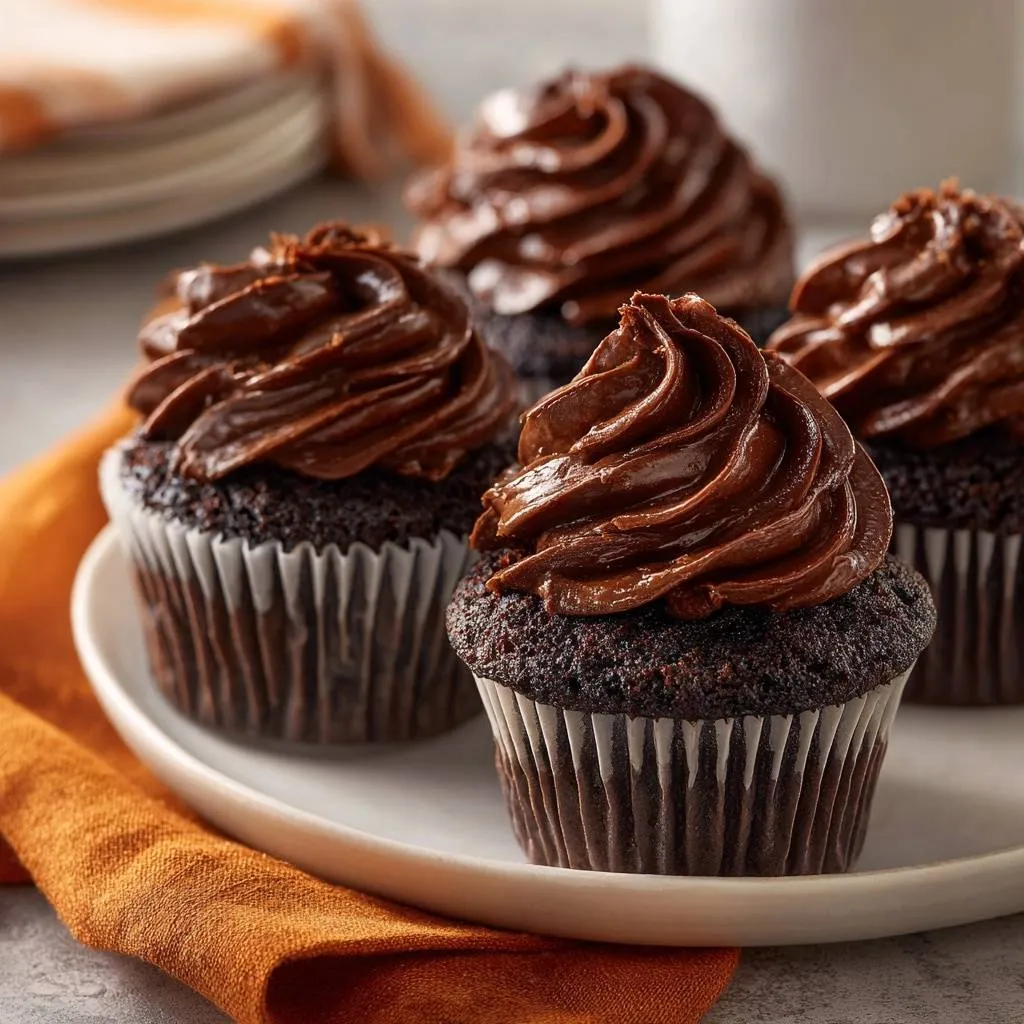 Fudgy chocolate cupcakes with rich chocolate frosting, presented on a white plate with an orange napkin.