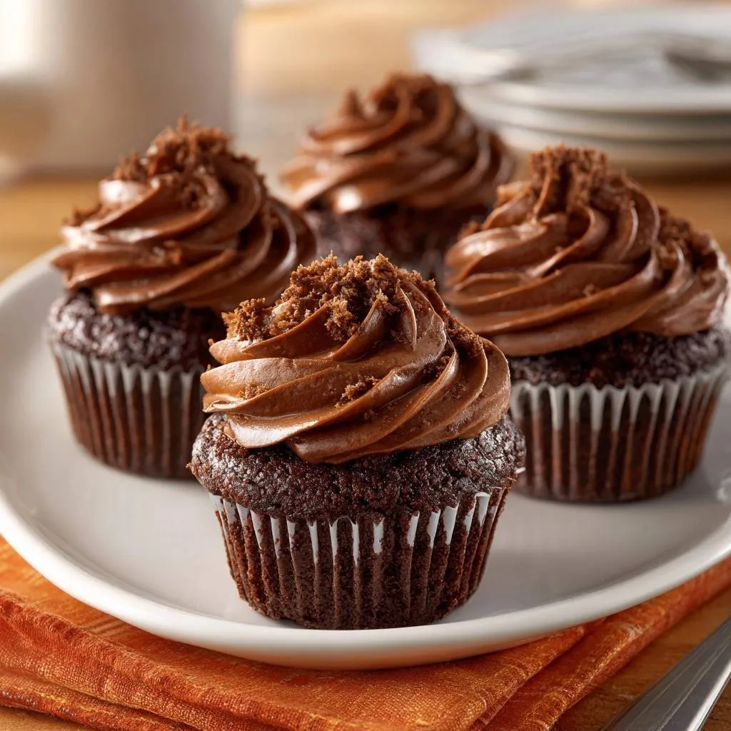 Fudgy chocolate cupcakes topped with rich chocolate ganache and chocolate crumbs, presented on a white plate.