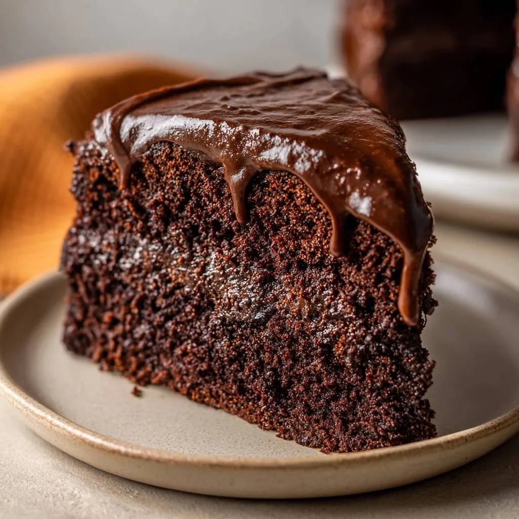 Fudgy chocolate layer cake slice closeup showing rich chocolate frosting dripping down the side of the moist cake.