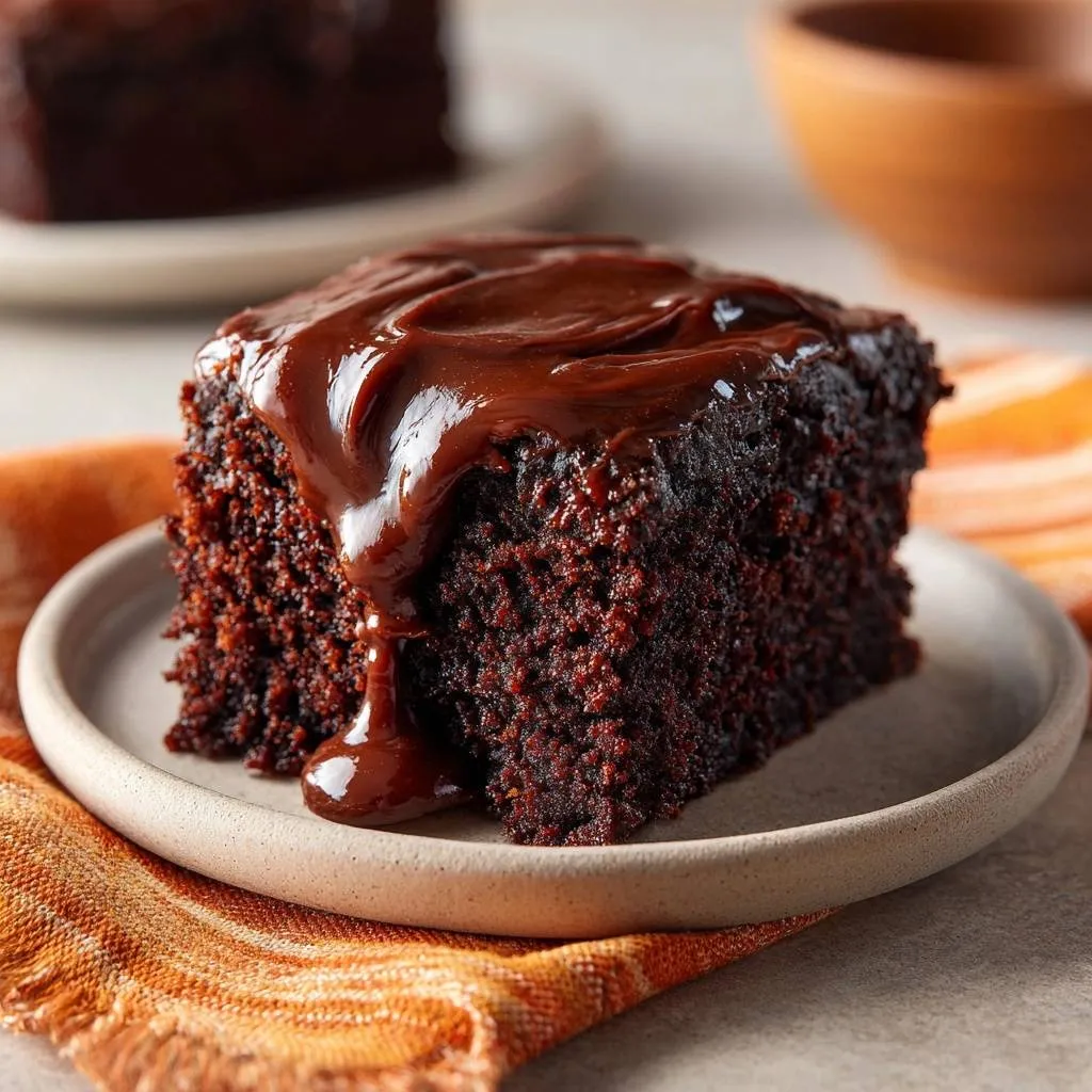 Fudgy chocolate layer cake slice with rich chocolate glaze dripping down the side.