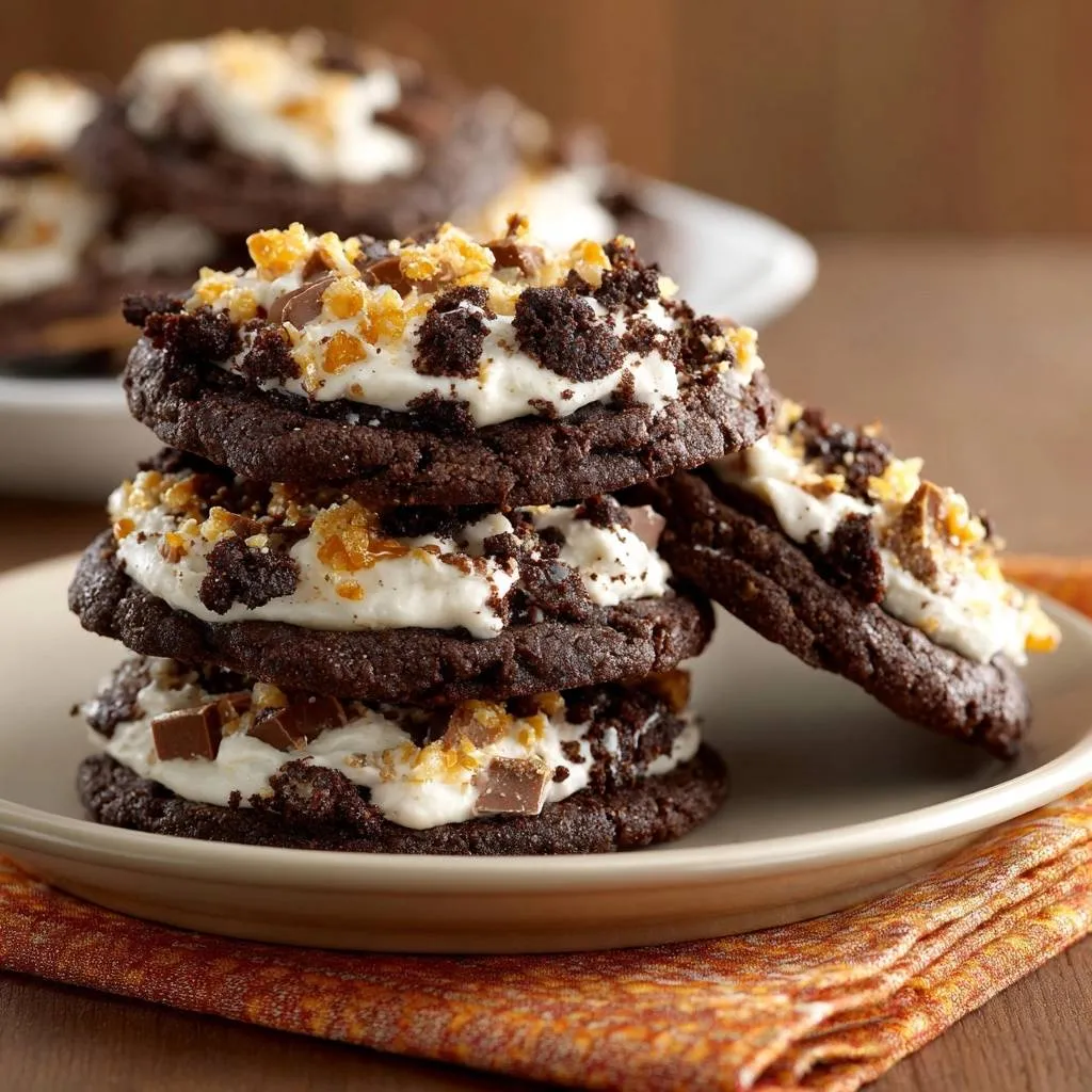 Fudgy chocolate toffee crunch cookies recipe, a stack of four cookies filled with white frosting and topped with toffee bits.