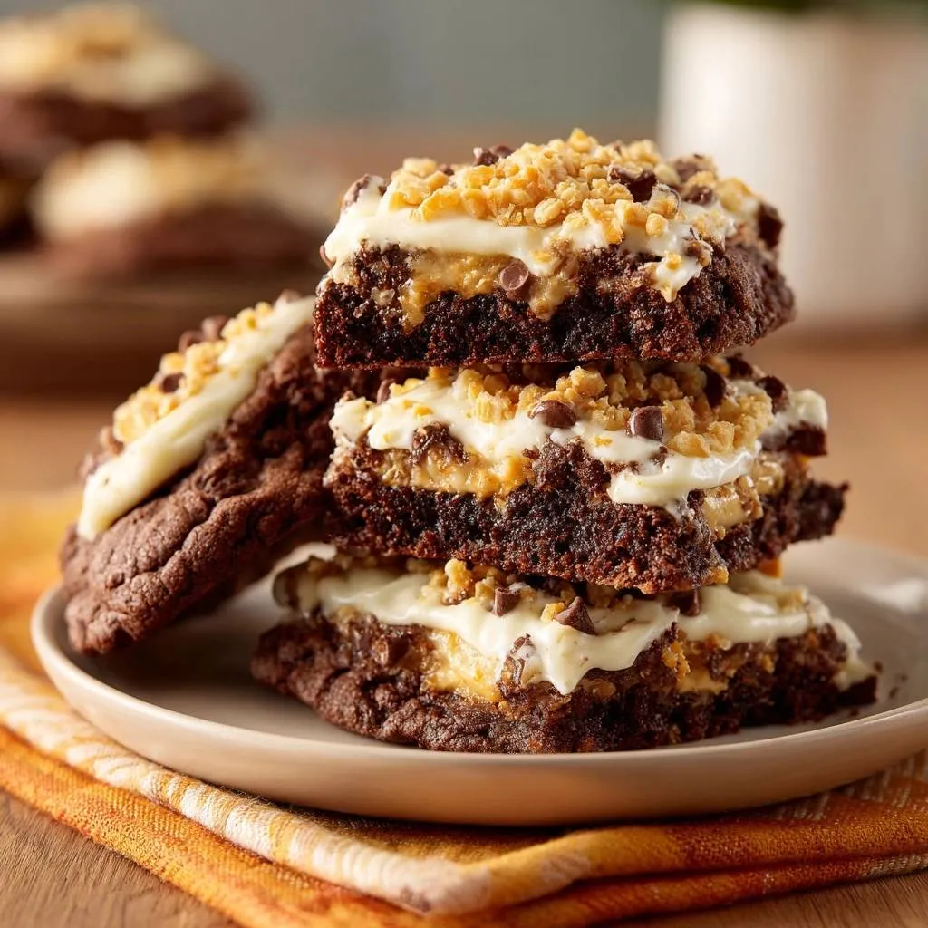 Fudgy chocolate toffee crunch cookies stacked to reveal a rich cross-section of chocolate cookie, caramel filling, and frosting.