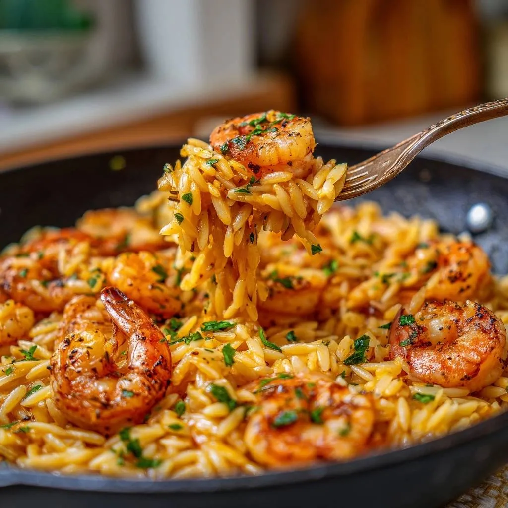 Garlic butter shrimp orzo with a forkful lifted, showcasing tender shrimp and al dente pasta with fresh parsley.