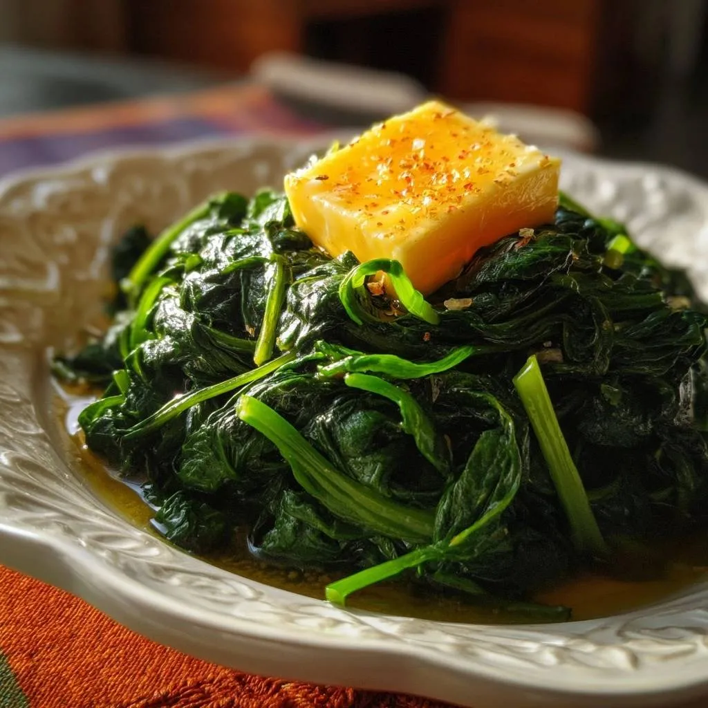 Garlic butter spinach with a pat of butter melting on top, showing glistening leaves and a rich, buttery sauce.