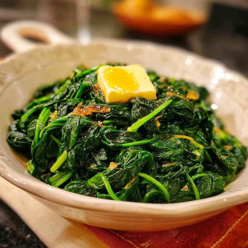 Garlic butter spinach with a square of melted butter on top, served in a white bowl.
