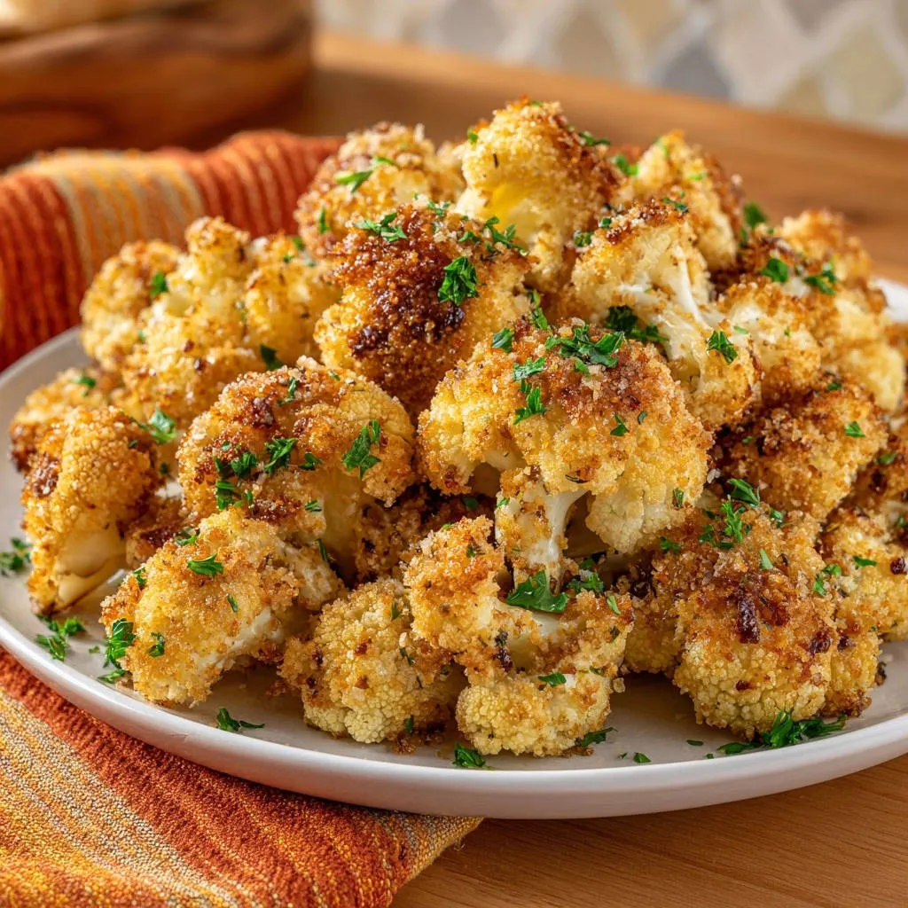 Crispy garlic parmesan cauliflower shown in a close-up view highlighting its breadcrumb coating and fresh parsley garnish.