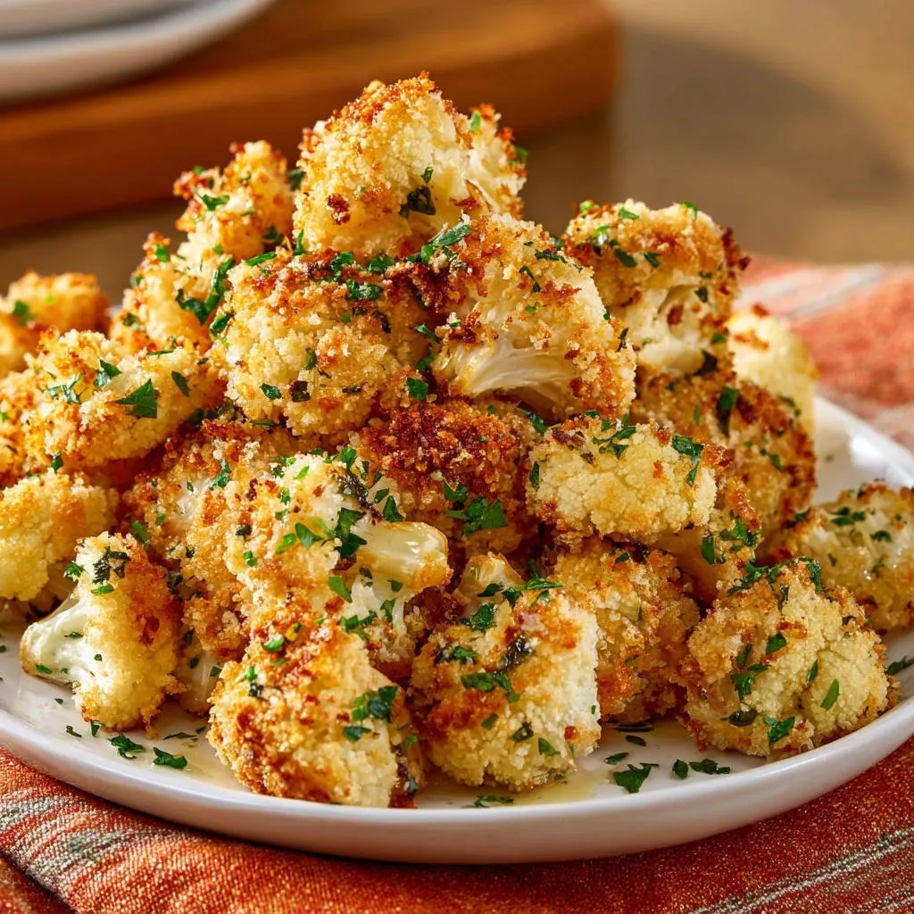 Crispy garlic parmesan cauliflower with a fresh parsley garnish on a white plate.