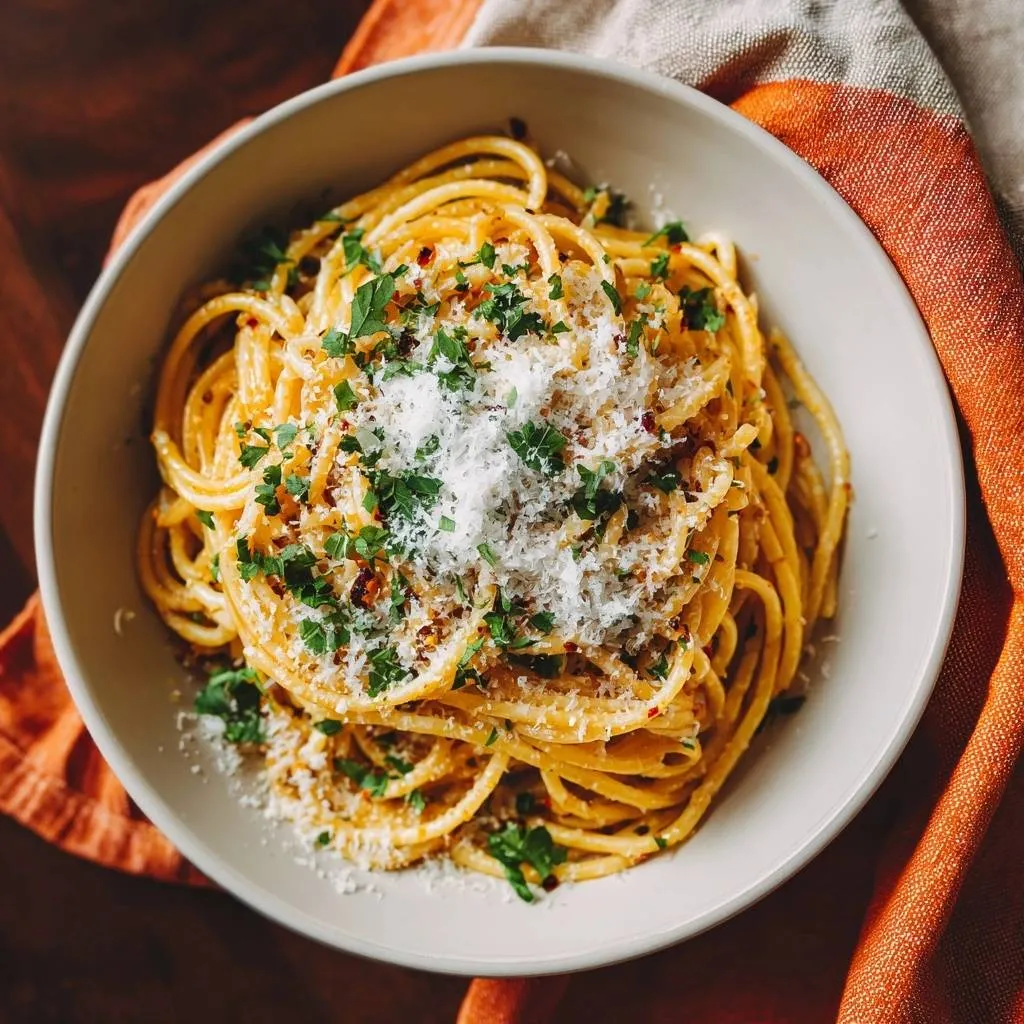 Garlic Parmesan Spaghetti shown in a bowl, topped generously with grated cheese and fresh parsley.