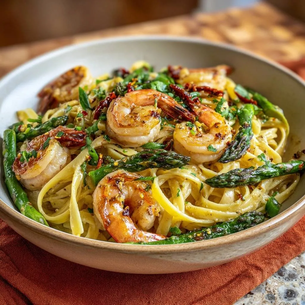 Garlic shrimp asparagus pasta served in a rustic bowl, showcasing tender shrimp and vibrant green asparagus.