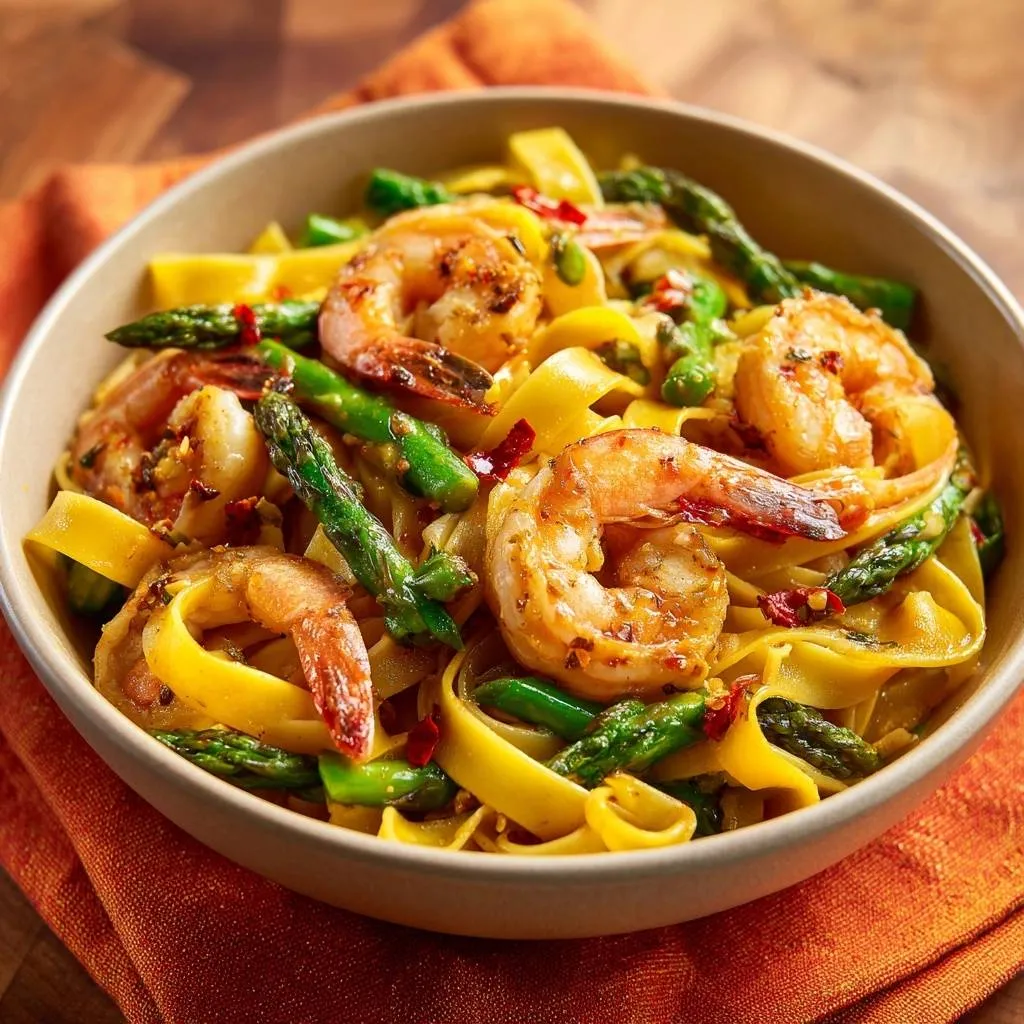 Garlic shrimp asparagus pasta in a bowl, featuring a close-up view of tender shrimp and bright green asparagus intertwined with fettuccine.
