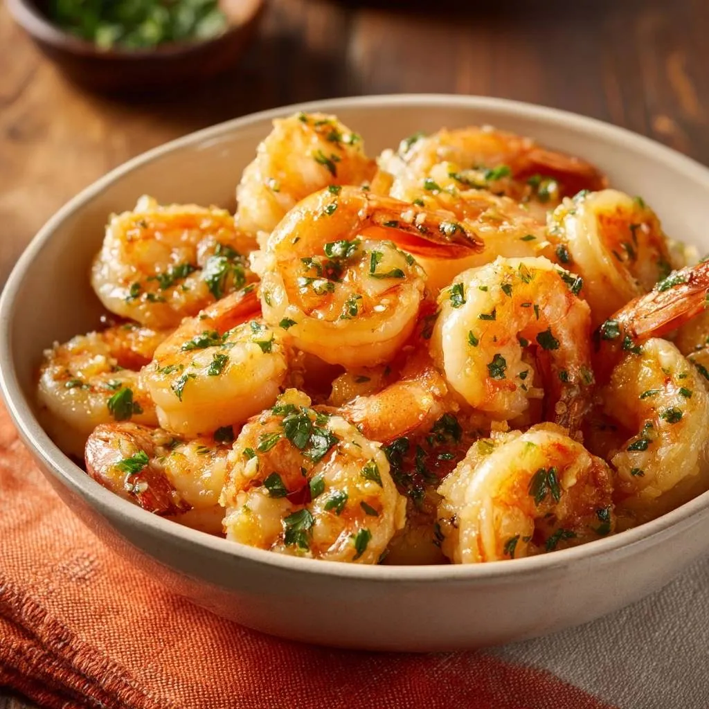 Garlic shrimp, a close-up view of the tender, juicy shrimp piled high in a white bowl and garnished with fresh parsley.