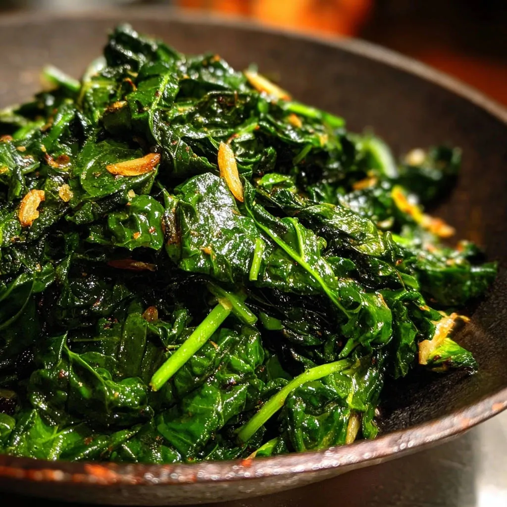 Garlicky sautéed leafy greens shown in a close-up view highlighting their tender texture and wilted appearance.
