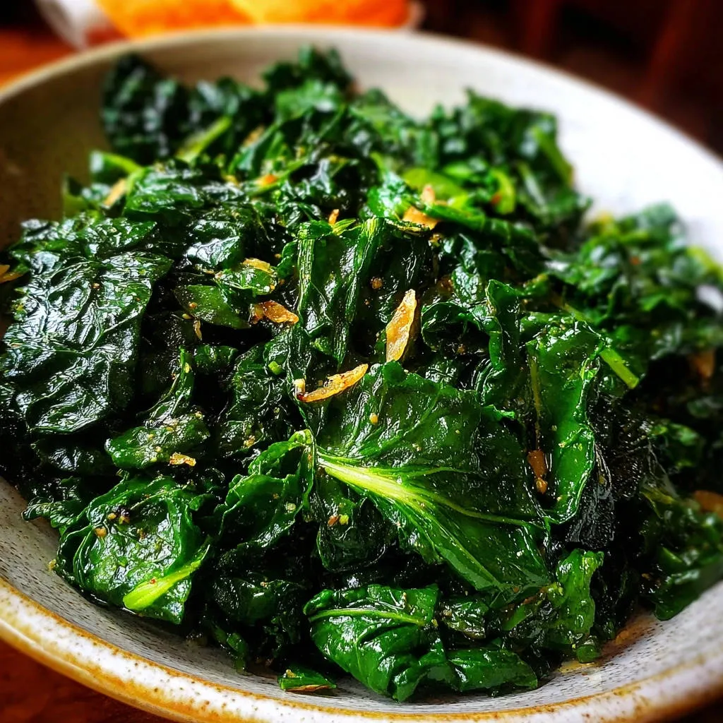 Garlicky sautéed leafy greens shown in a close-up view highlighting their glossy texture and wilted appearance.