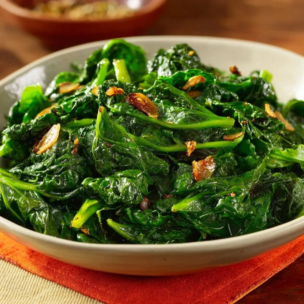 Garlicky sautéed spinach with visible pan-fried garlic slices in a white bowl.