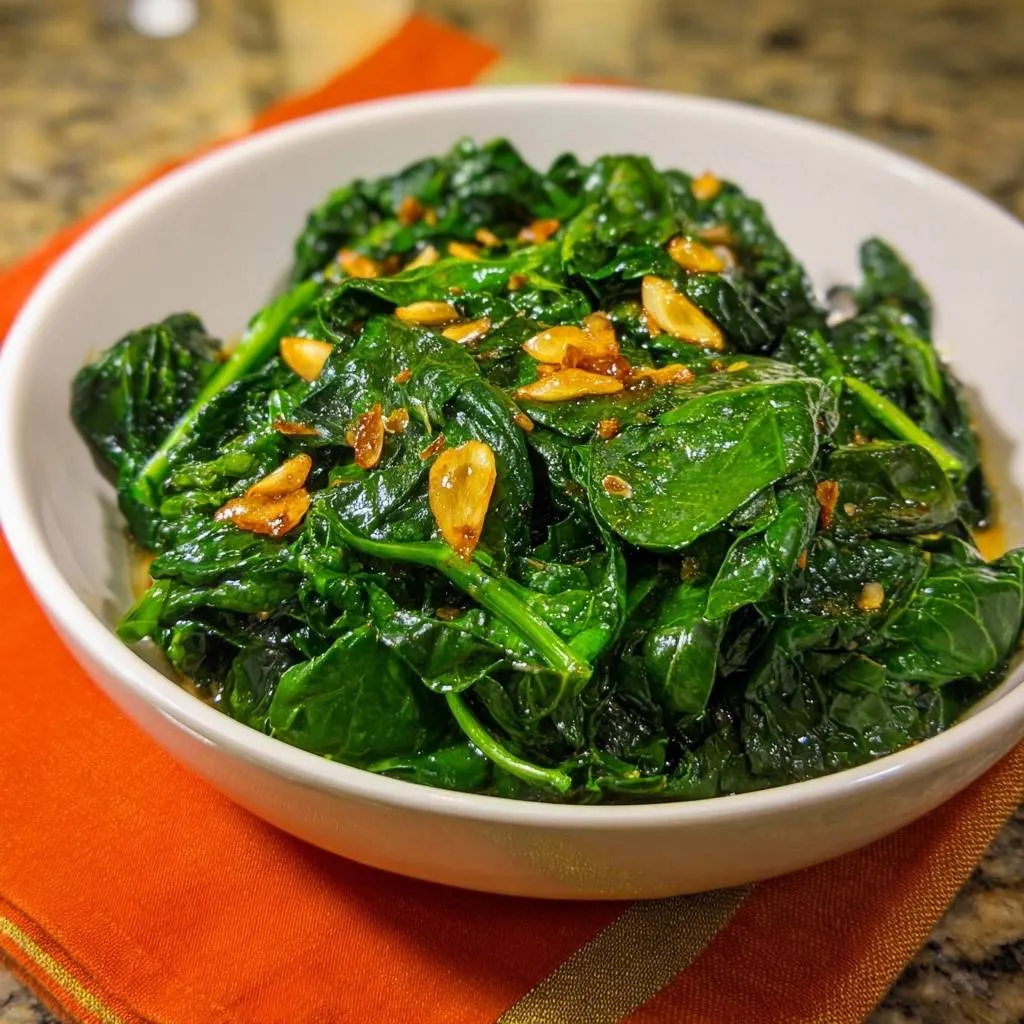 Garlicky sautéed spinach with visible thinly sliced garlic pieces in a white bowl.