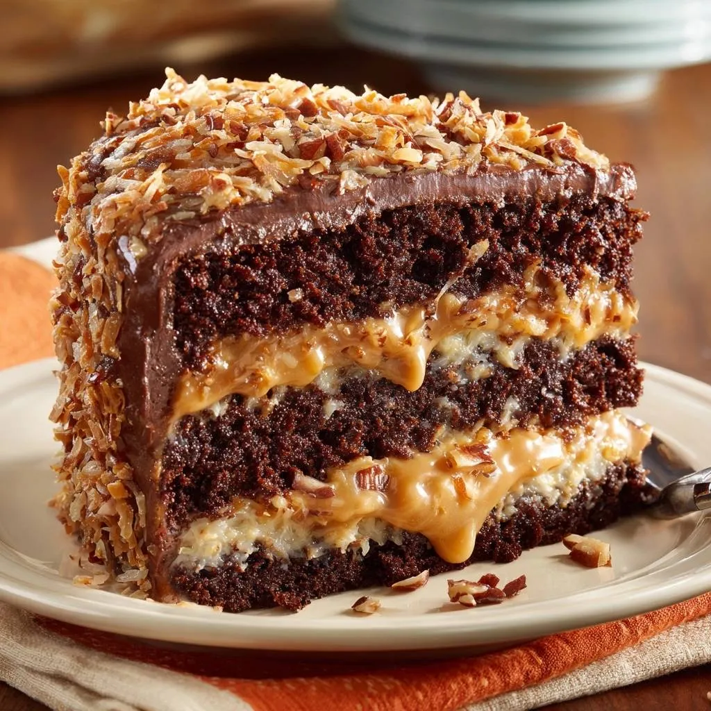 German chocolate cake cross-section with thick layers of never-runny pecan frosting and coconut filling.