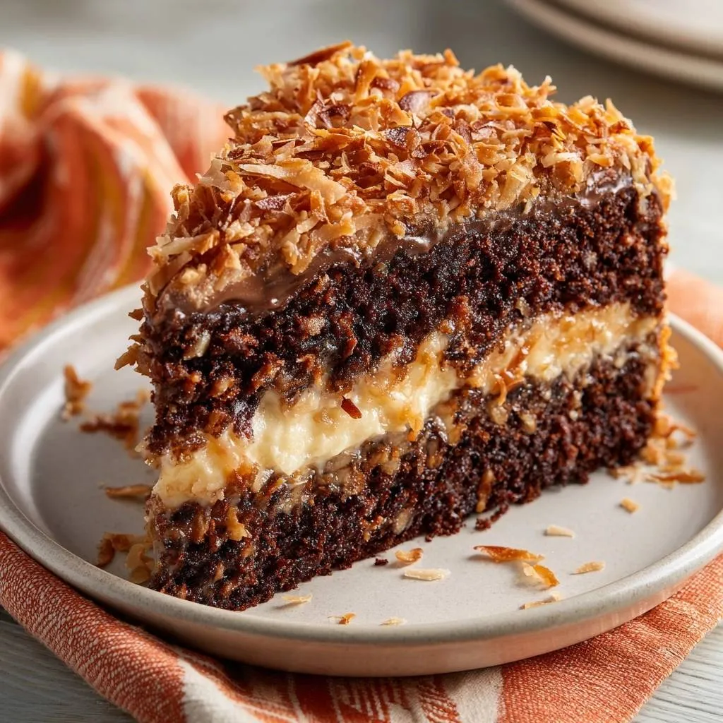 German chocolate cake slice showcasing layers of rich chocolate cake and pecan frosting on a plate.