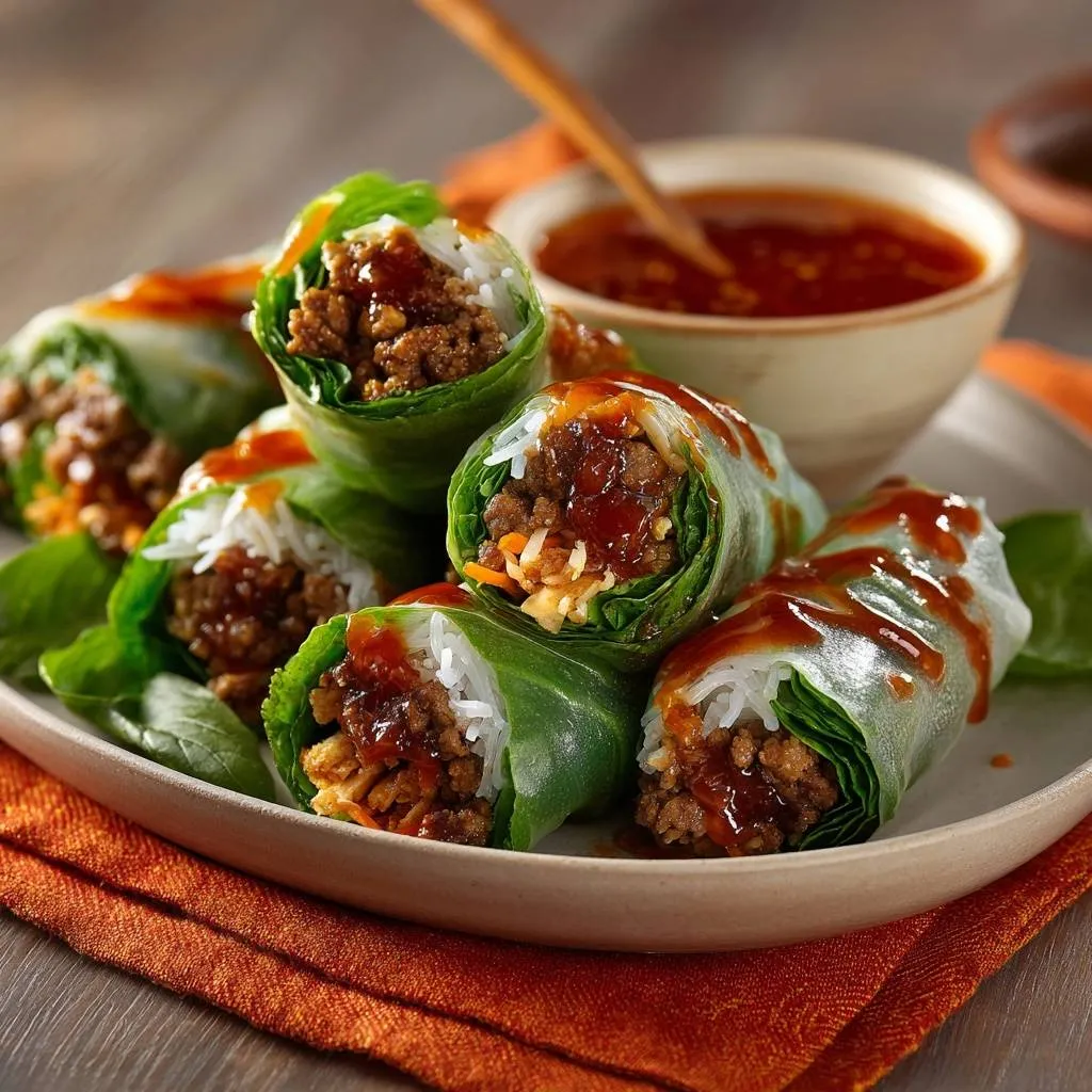 Glazed beef fresh spring rolls presented as a close-up on a plate with a dipping sauce.