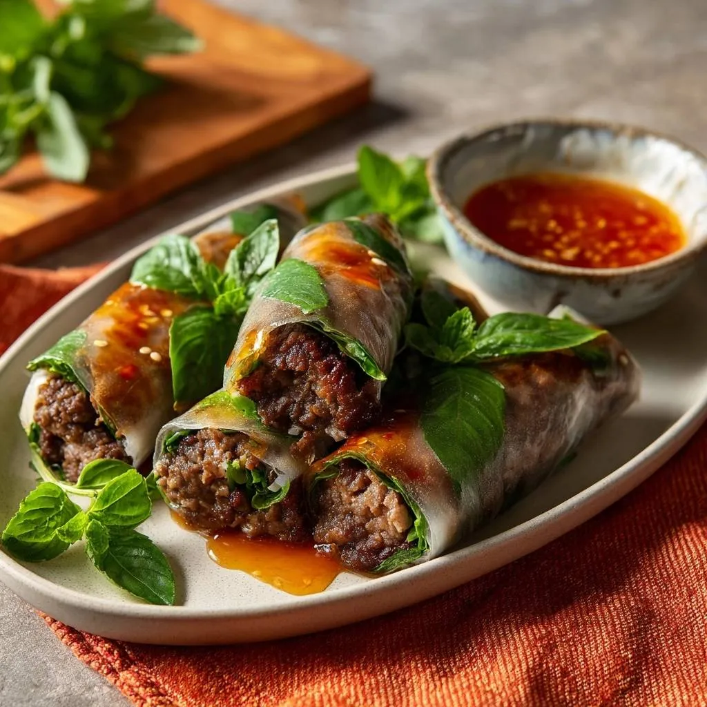 Glazed beef fresh spring rolls plated with fresh basil and a dipping sauce, showing the sticky glaze.