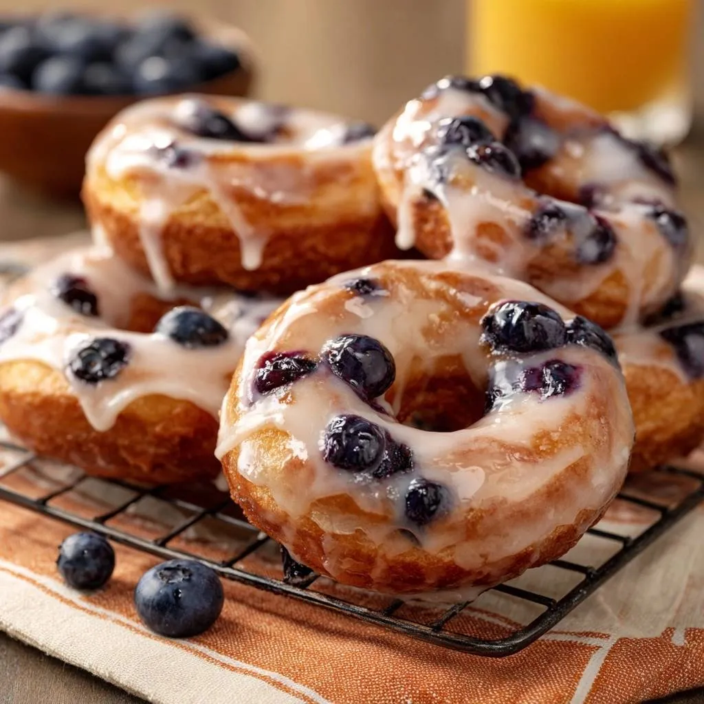 Glazed blueberry donuts cooling on a wire rack, featuring fresh blueberries and drippy white glaze.