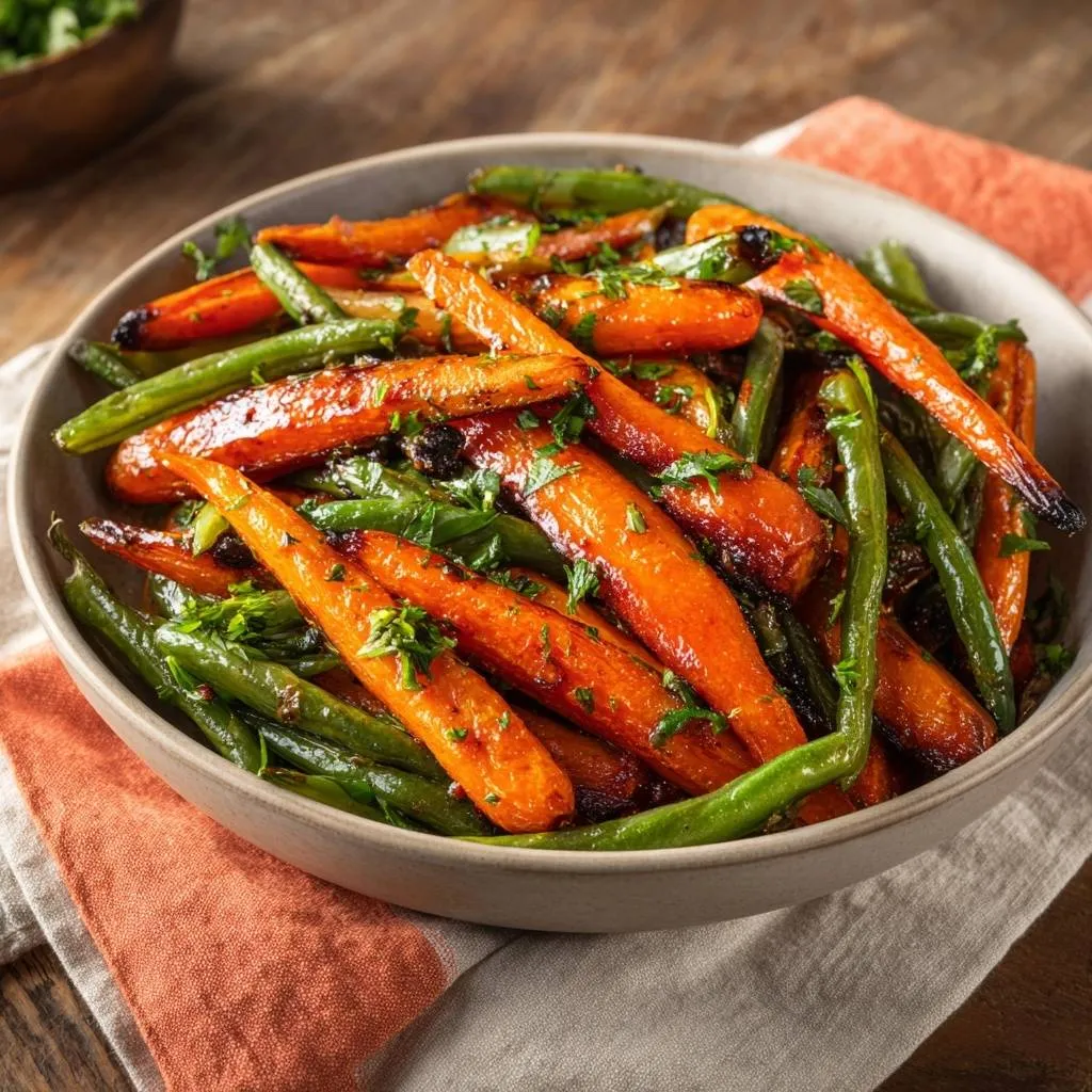 Glazed carrots and green beans served in a rustic bowl, showcasing a close-up view of the tender vegetables and fresh parsley garnish.