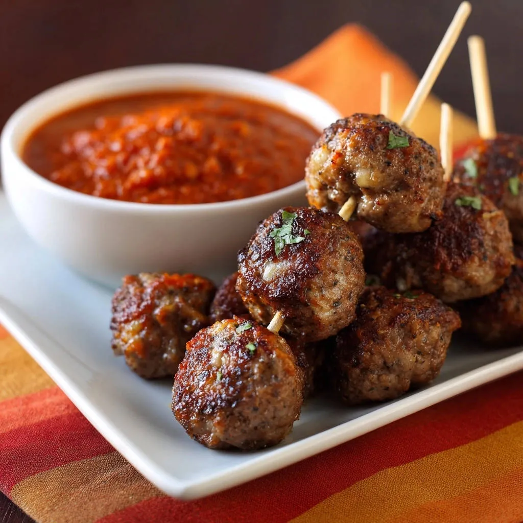 Glazed cheese-stuffed appetizer meatballs are skewered and served with a side of red dipping sauce.