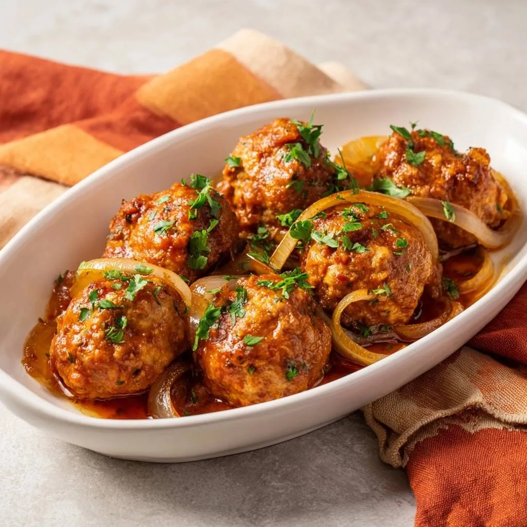 Glazed onion meatballs tender and juicy in a white dish garnished with fresh parsley