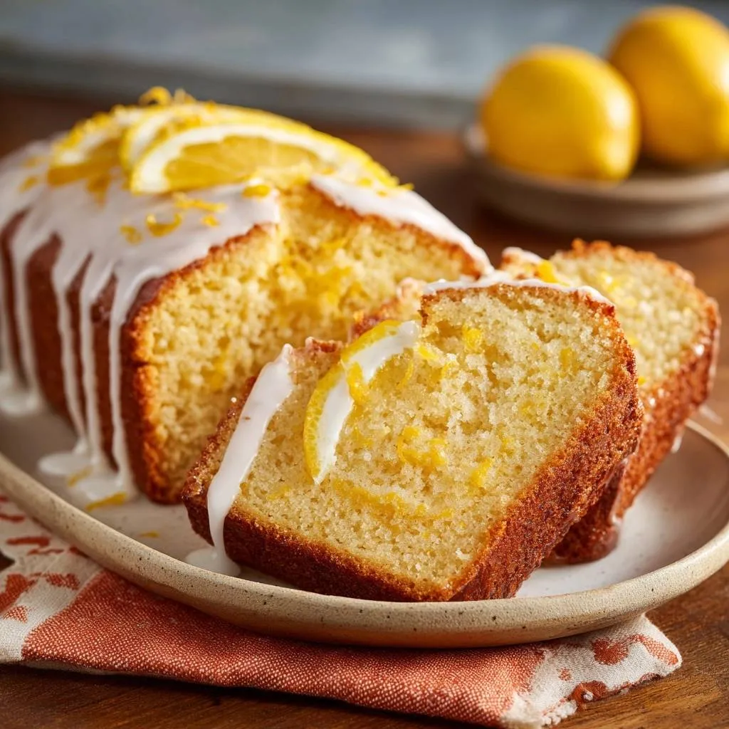 Glazed orange loaf cake recipe shown sliced with a close-up view of the moist interior and citrus garnish.