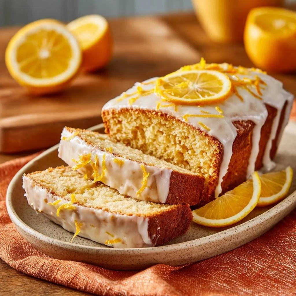 Glazed orange loaf cake recipe sliced and served on a plate with fresh orange slices and zest.