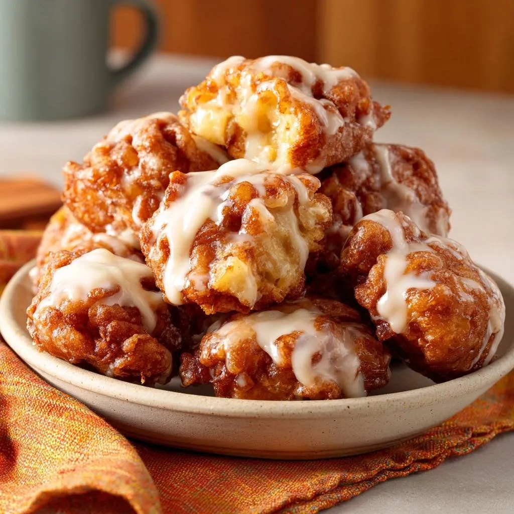 Glazed pineapple fritters, a close-up view showing the delicate drizzle of sweet glaze over the golden-brown batter.