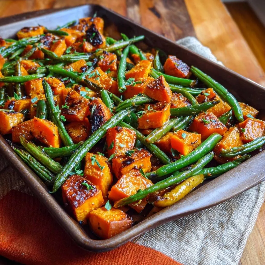 Glazed Sheet Pan Sweet Potatoes & Green Beans - recipe image