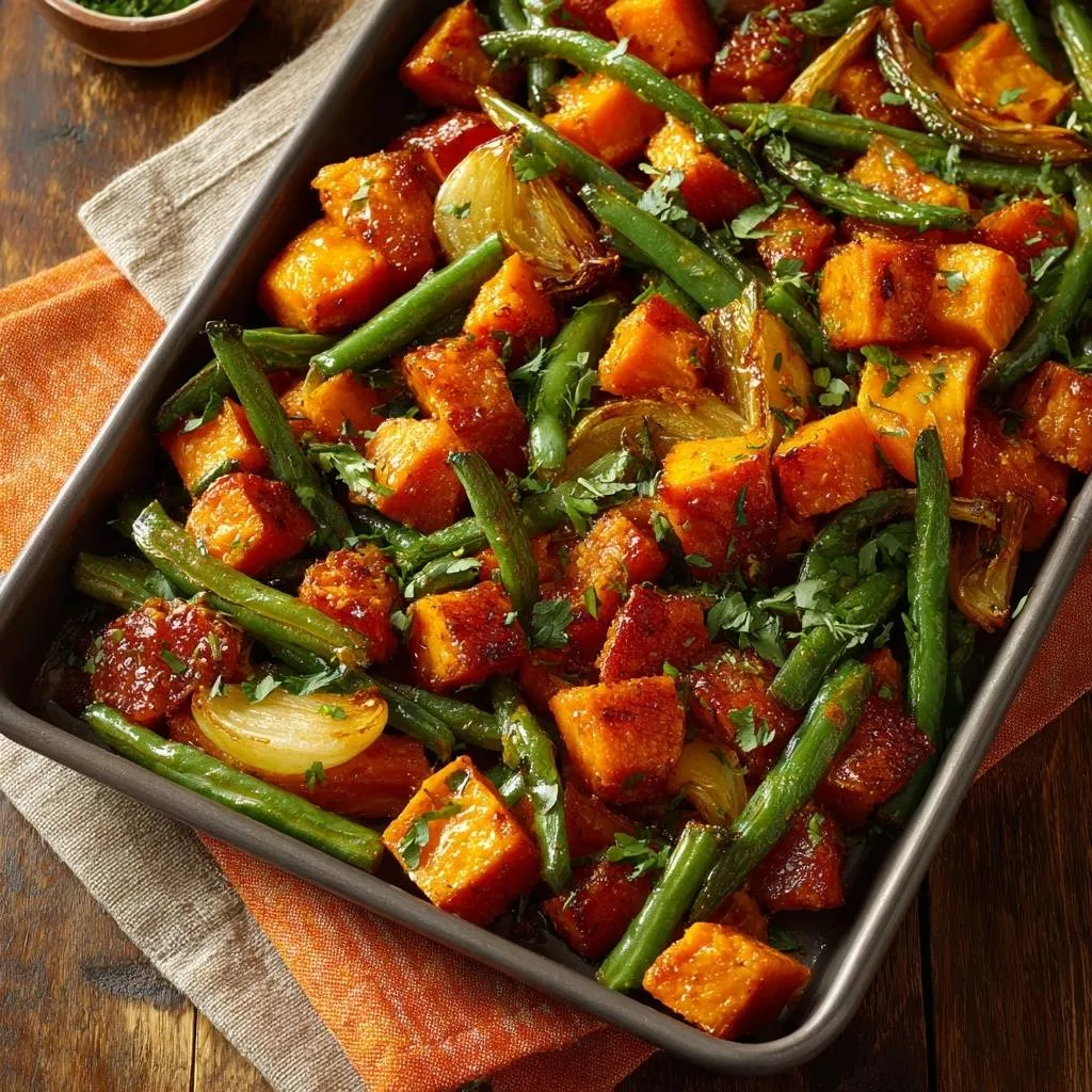 Glazed sheet pan sweet potatoes and green beans with fresh parsley garnish, viewed from directly above.