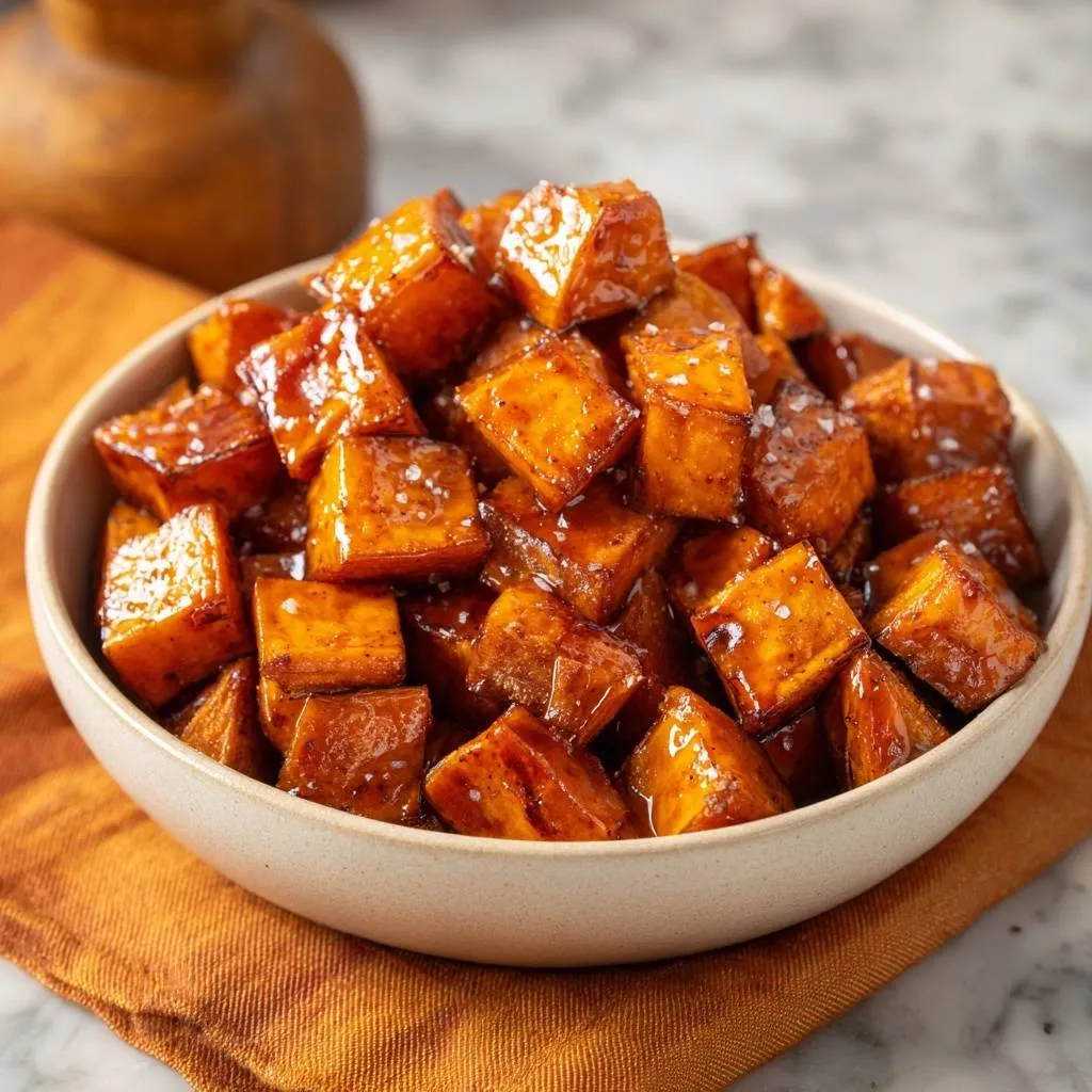 Glazed sweet potato bites with a glistening sheen and sprinkled sea salt, shown in a close-up bowl view.