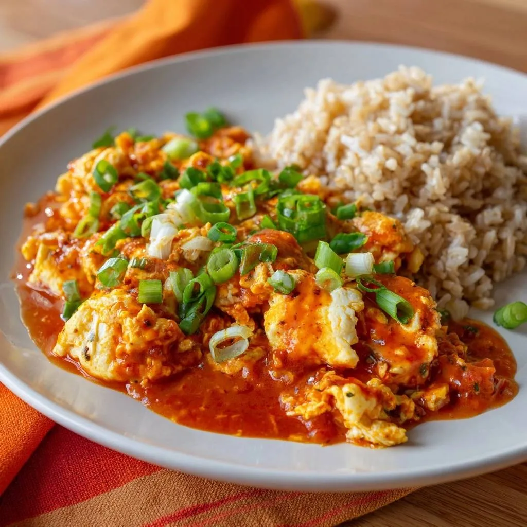 Gochujang scrambled eggs over brown rice, served as a single portion on a white plate with a garnish of green onions.