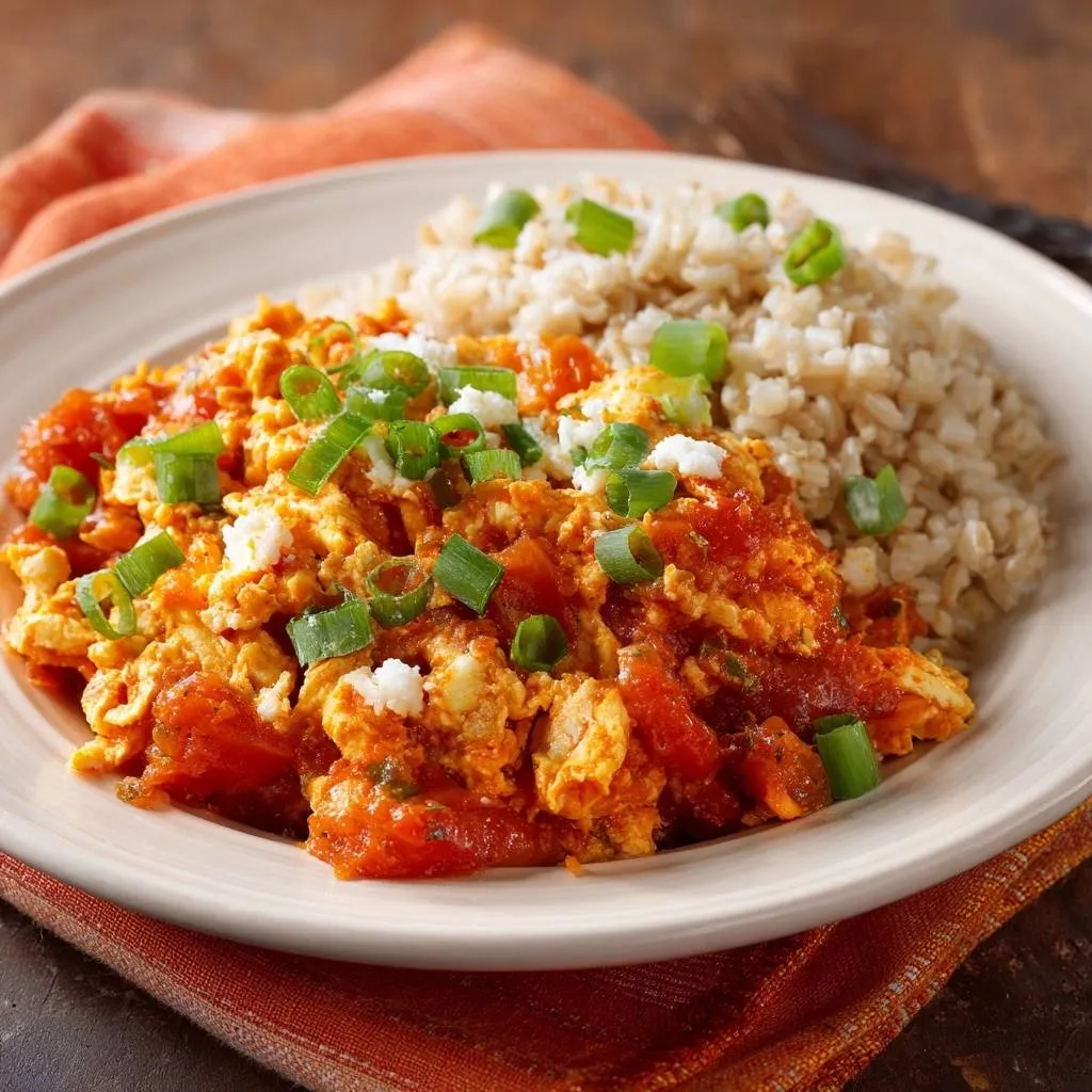 Gochujang scrambled eggs over brown rice, a plated serving garnished with chopped green onions and crumbled cheese.