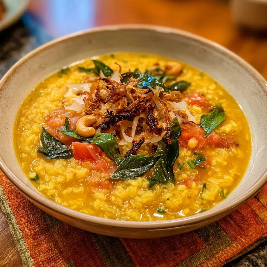 Golden Coconut Cashew Dal served in a bowl, topped with fried onions, cashews, and curry leaves.