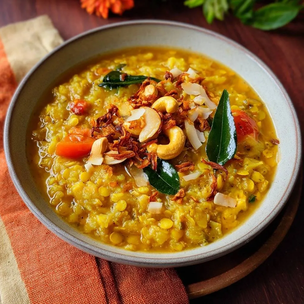 Golden Coconut Cashew Dal served in a bowl, generously garnished with fried onions, cashews, and coconut flakes.