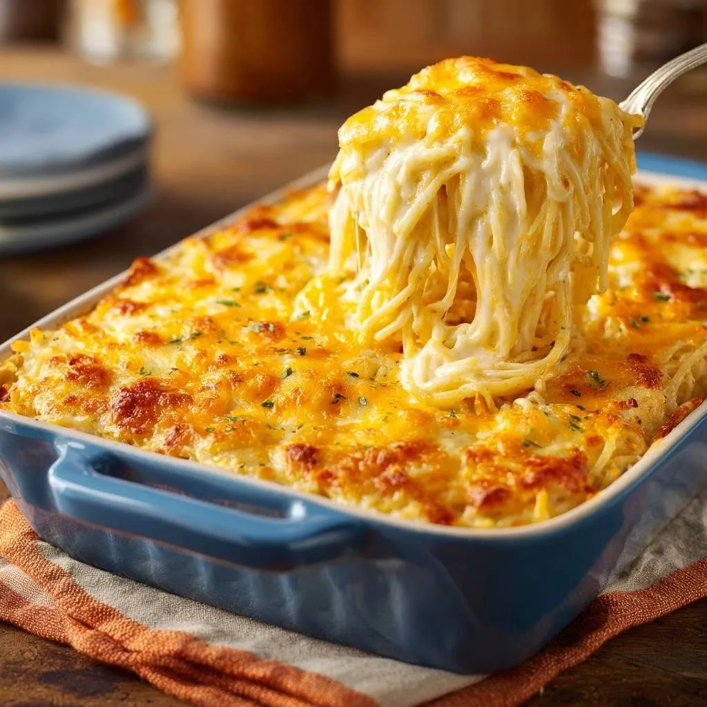 Gooey cheesy baked spaghetti recipe with a fork lifting a serving, showing melted cheese.