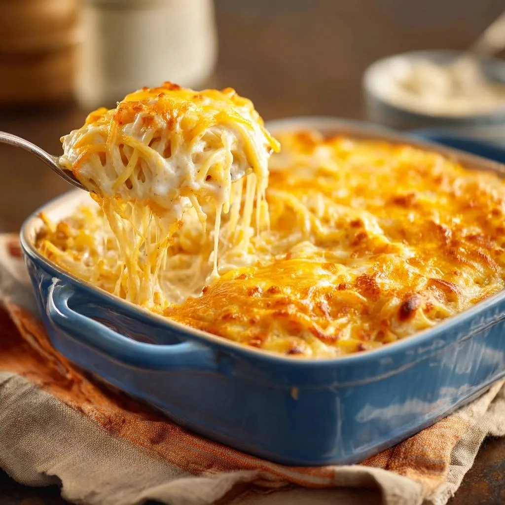 Gooey cheesy baked spaghetti being lifted from a blue baking dish with a spoon, showing melted cheese strands.