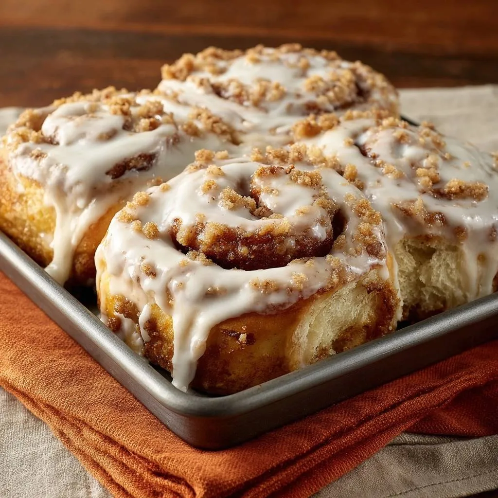Gooey homemade cinnamon rolls with streusel topping in a baking pan, close-up view.
