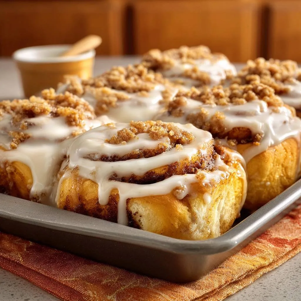 Gooey homemade cinnamon rolls fresh from the pan, drizzled with white icing and streusel topping.
