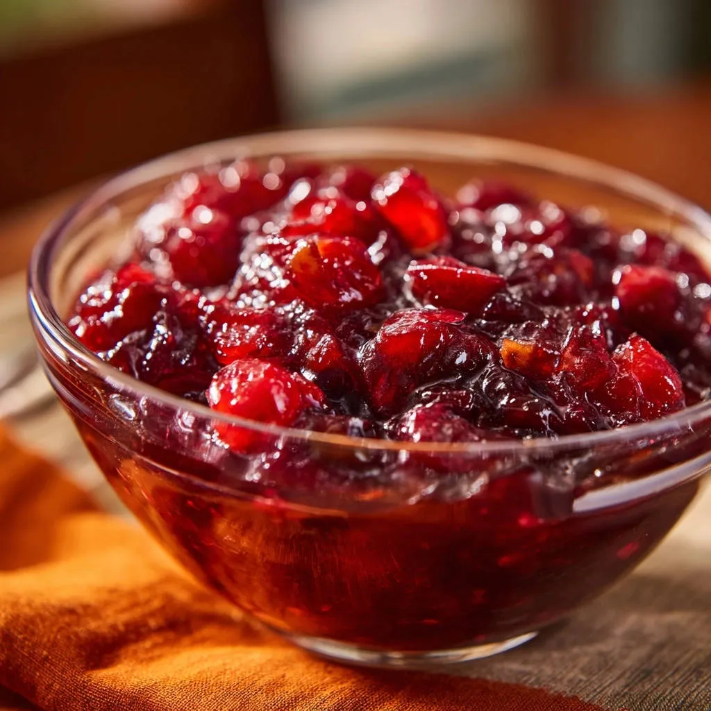 Grandma's best cranberry sauce shown in a glass bowl, featuring a close-up view of the chunky, glistening texture.