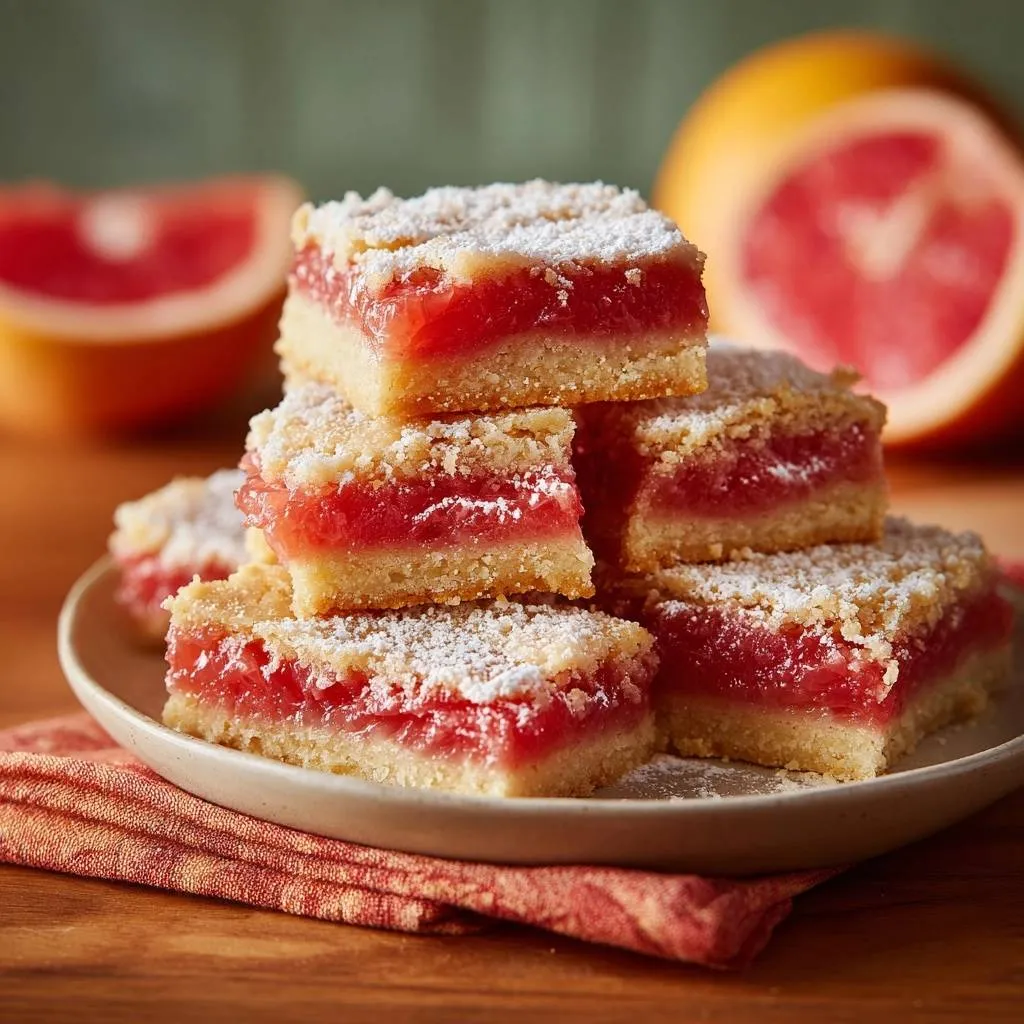 Grapefruit crumb bars with firm filling stacked on a plate, showcasing their layered texture and powdered sugar topping.