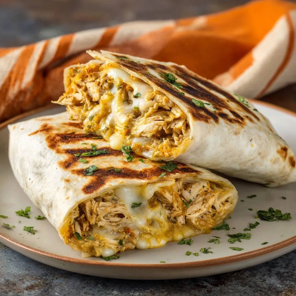 Grilled chicken salsa verde quesadillas sliced in half, revealing a cheesy chicken filling and a golden-brown tortilla.