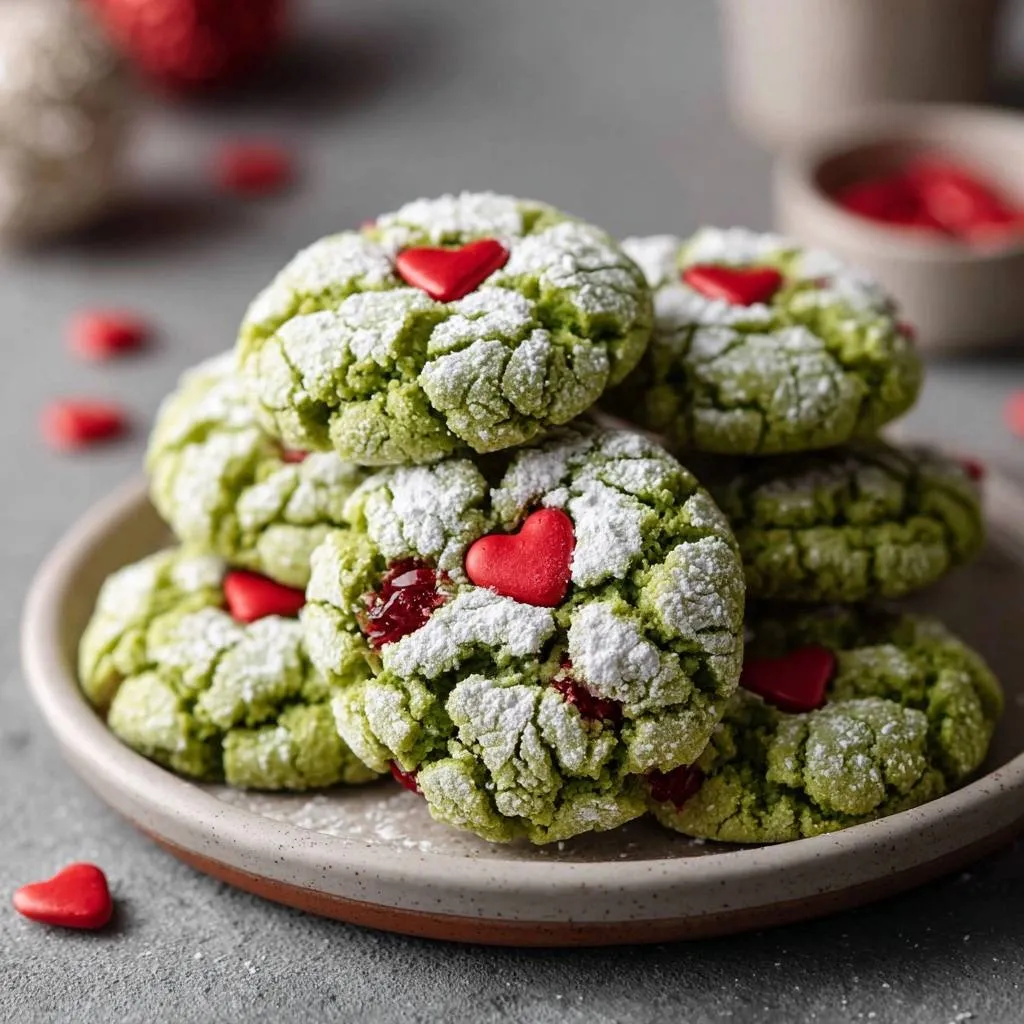 Grinch crinkle cookies with powdered sugar, red hearts, and jam filling are piled on a plate.