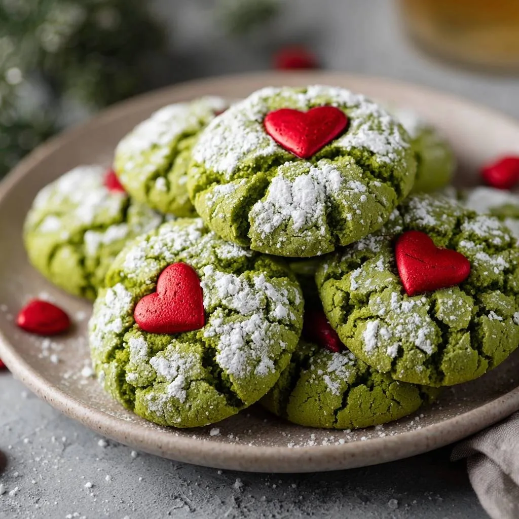 Grinch crinkle cookies with a bright red heart candy topping and powdered sugar dusting.