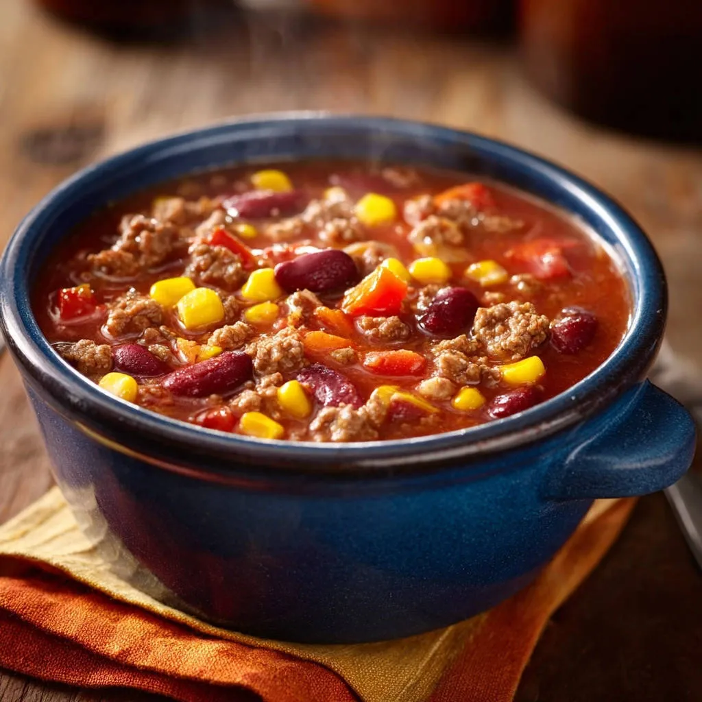 Hearty beef and bean chili in a blue bowl, showing a close-up view of the ingredients and steaming broth.