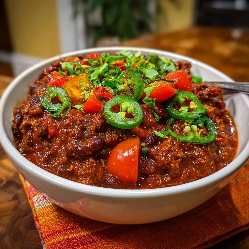 Hearty beef bean chili in a white bowl, generously garnished with fresh tomatoes, jalapeños, and cilantro.