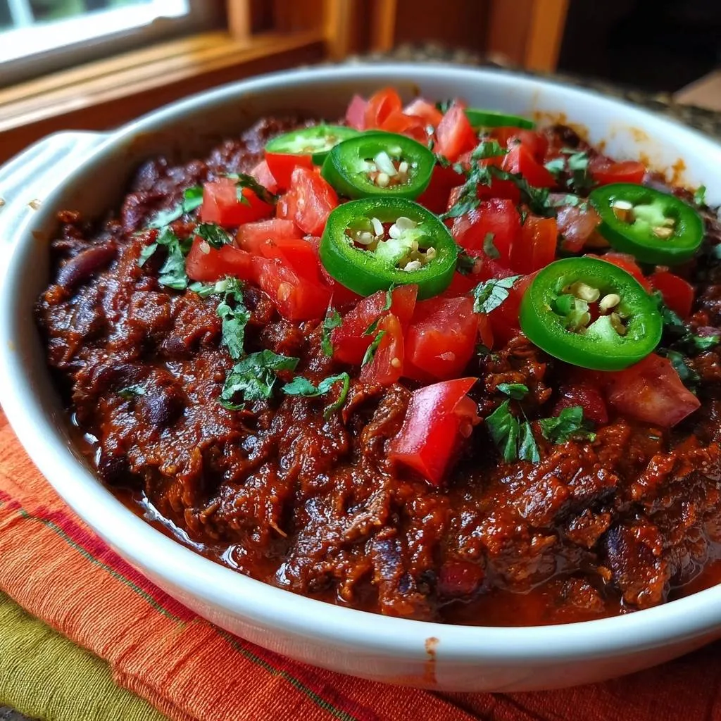 Hearty beef bean chili with tomatoes, jalapeños, and cilantro garnish in a white dish.